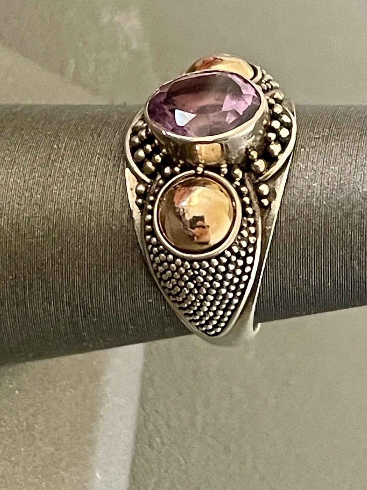 Vintage 925 Silver 18KT Yellow Gold 1.2CT Amethyst Ring (H12)