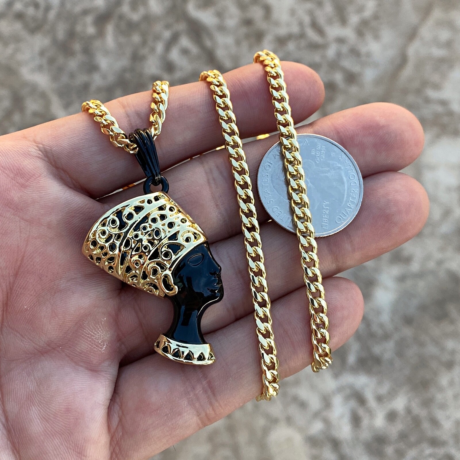 Queen Nefertiti Head Black and Gold Plated Pendant Cuban Link Chain Necklace 24″