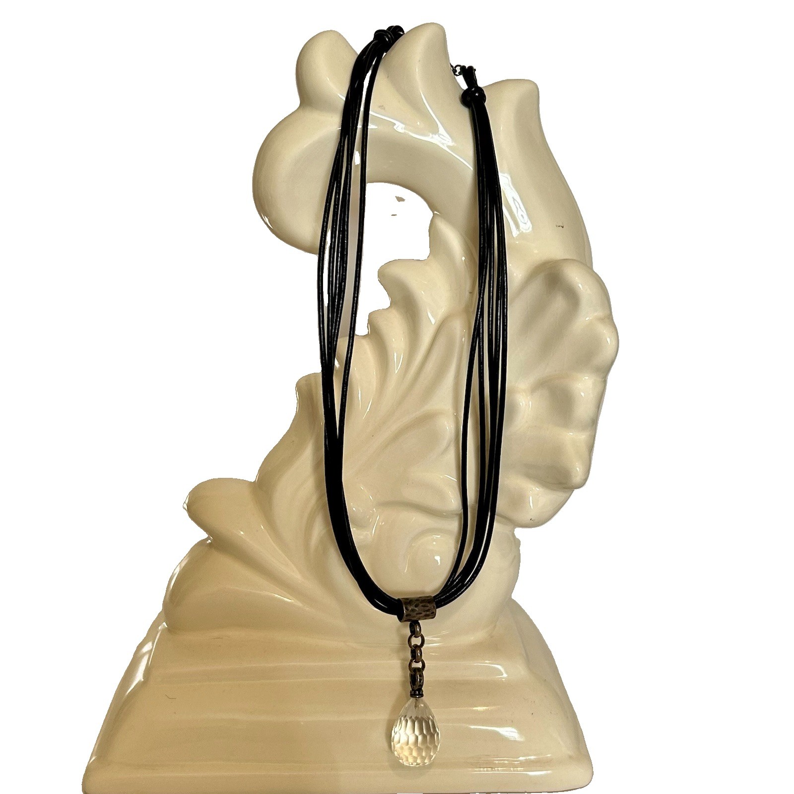 Silpada Multi-Strand Black Leather Cord Necklace with Faceted Crystal Drop 925