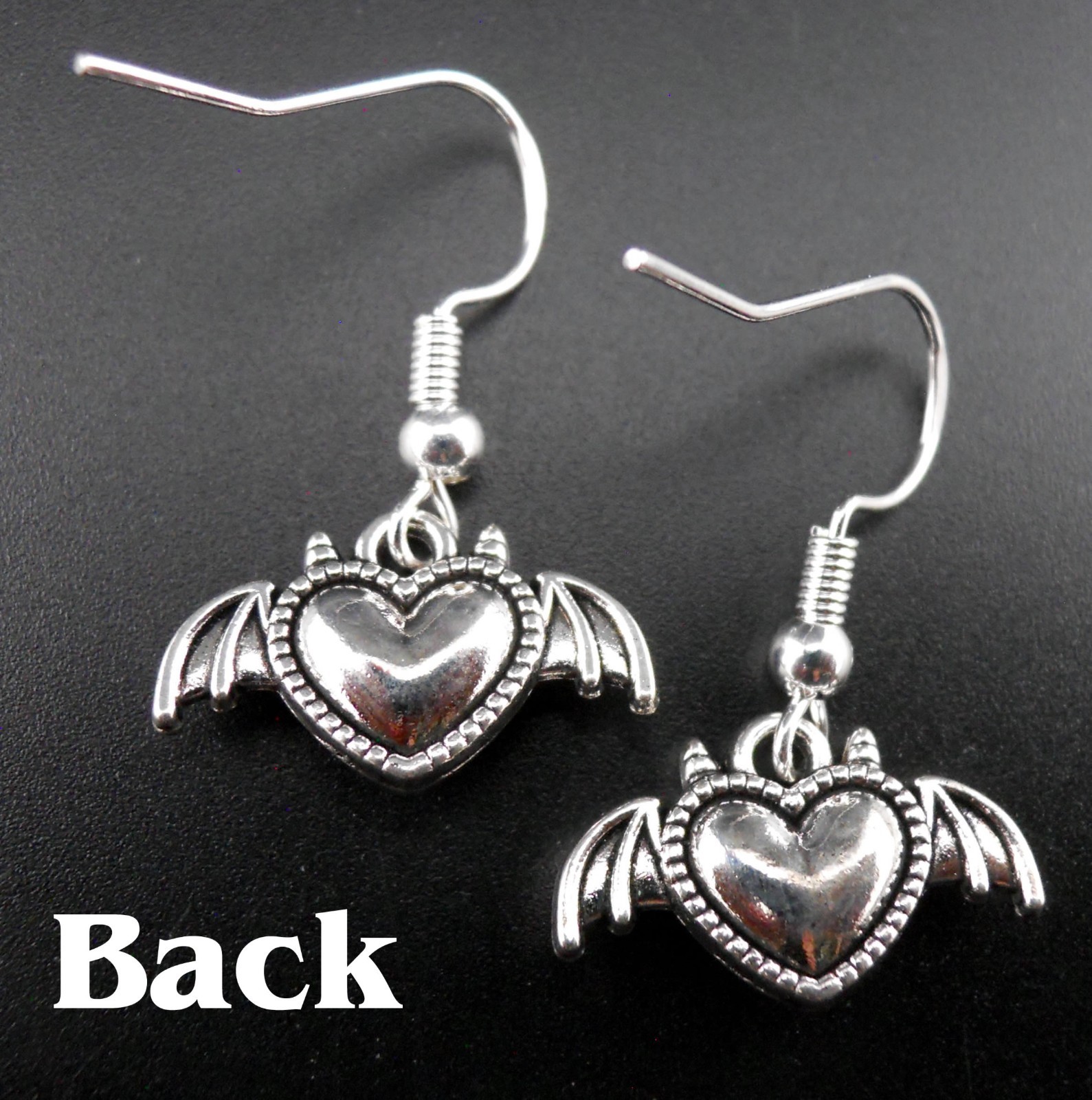 Gothic Bat Earrings Sterling Silver Ear Wires Devil Horns Black Heart Goth New