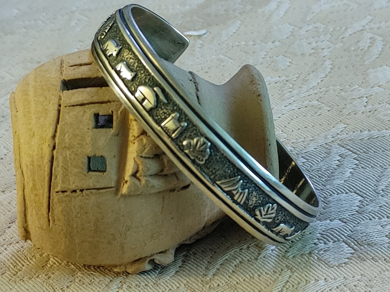 Tommy Singer Navajo, Sterling Silver Overlay Storyteller Cuff Bracelet