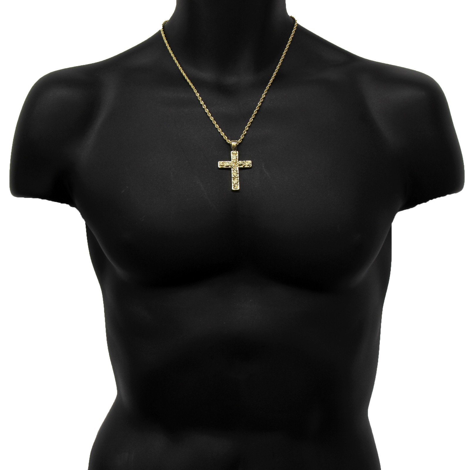Mens 14K Gold Plated Nugget Cross Pendant Hip-Hop 3mm/24″ Rope Chain