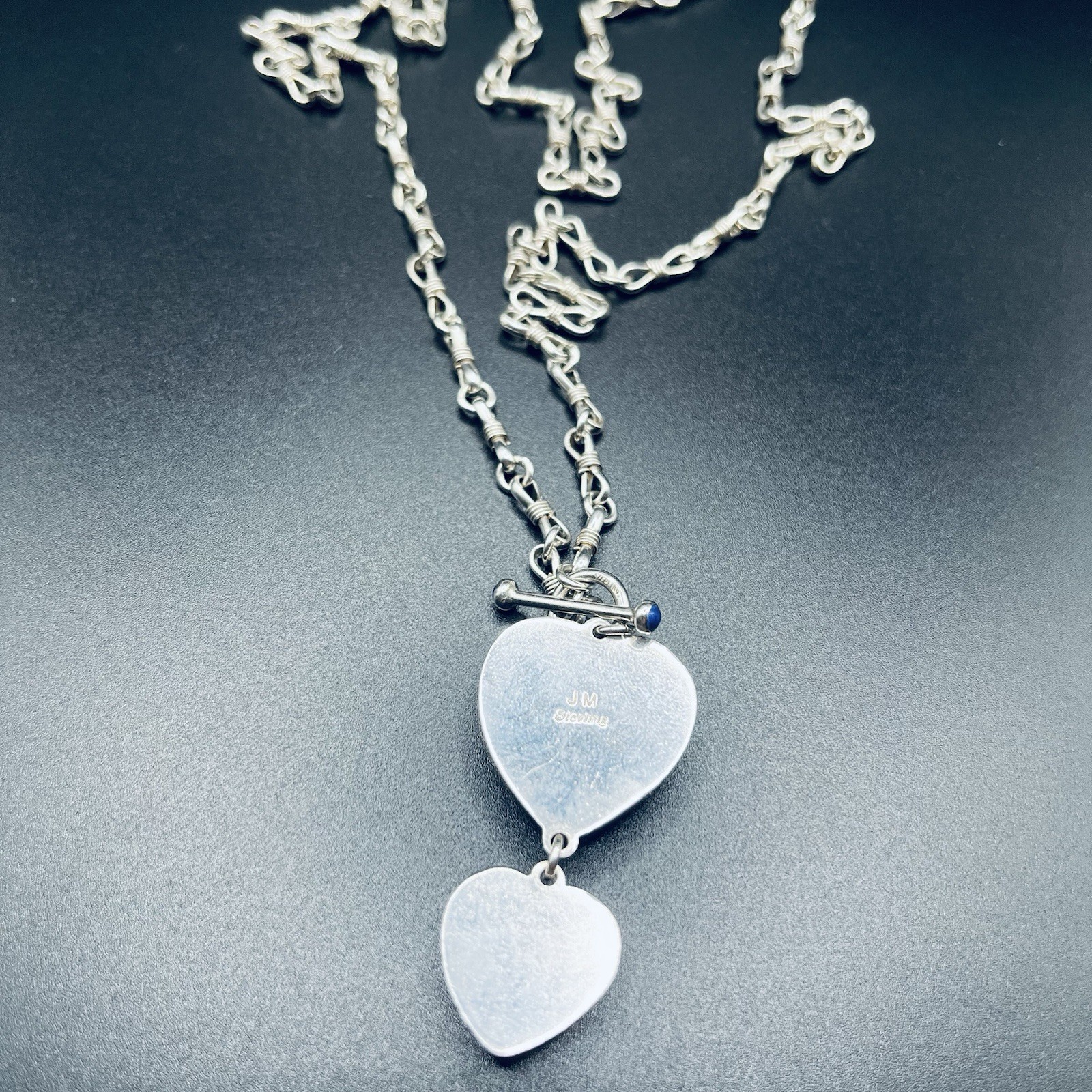 Vintage Navajo Sterling Silver Lapis Lazuli Hearts Necklace 37g Mariner Link