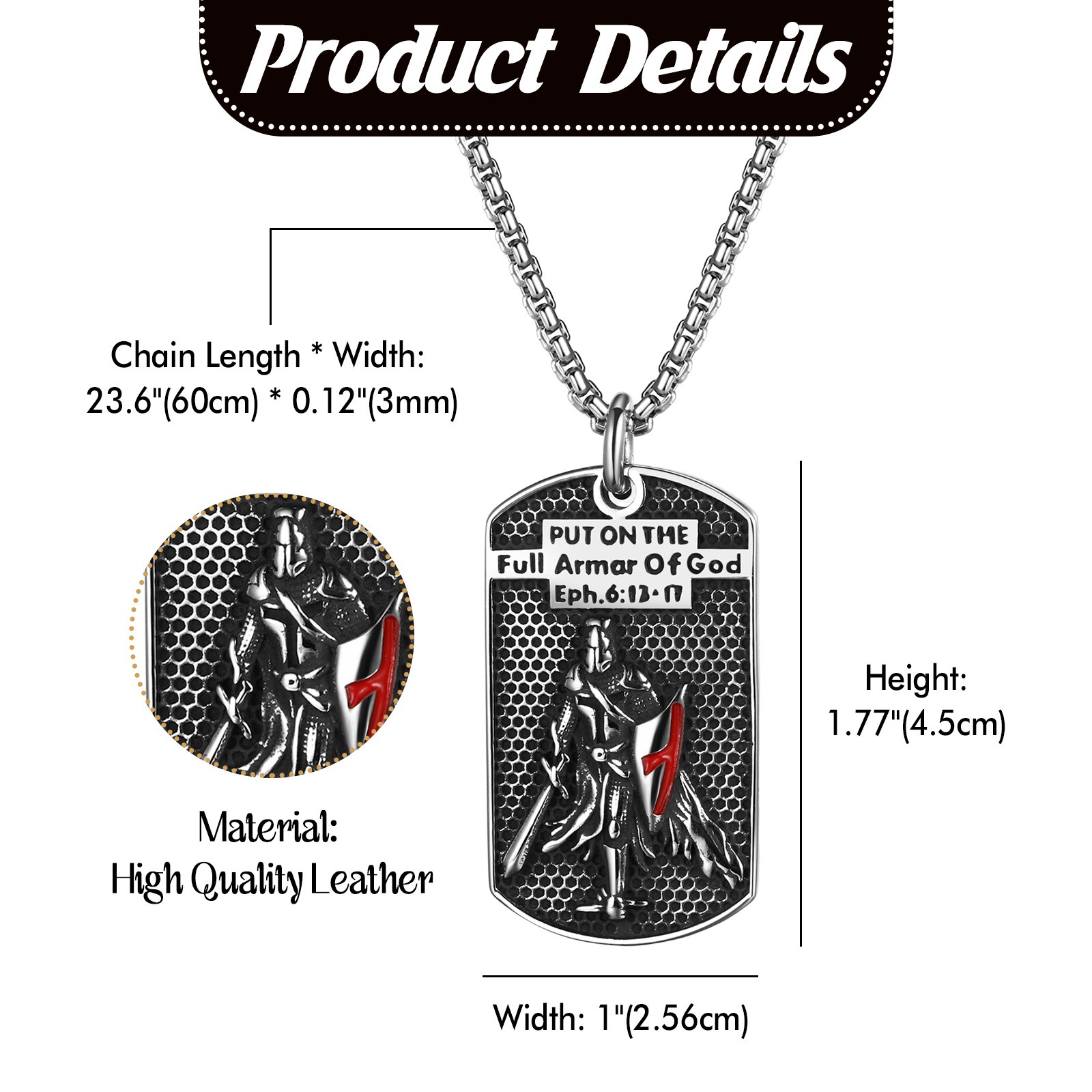 Men’s Knight Templar Armor of God Necklace Ephesians 6:13-17 Red Cross Pendant