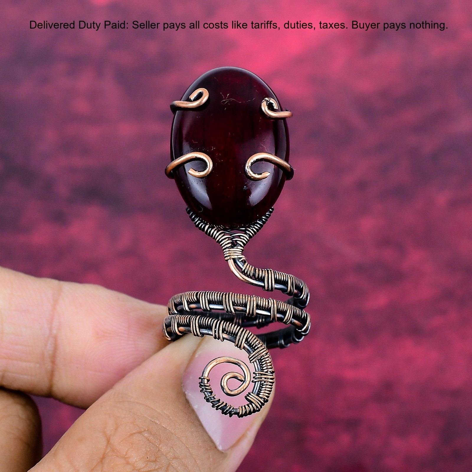 Copper Oval Red Fire Labradorite Stone Stackable Boho Wire Wrapped Sister Ring