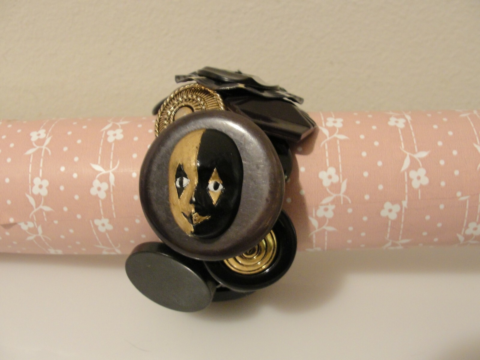 Unique black button bracelet & denim/faux leather bracelet textile fabric