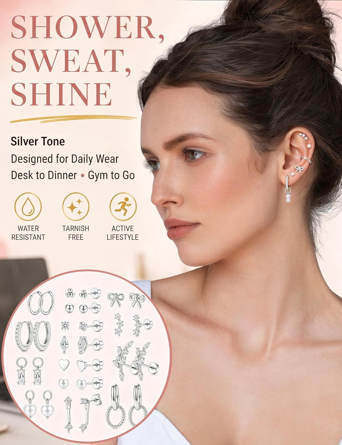 15 Pairs Stud Hoop Earrings for Women, Flat Back Cartilage Earring Set, Helix Tr