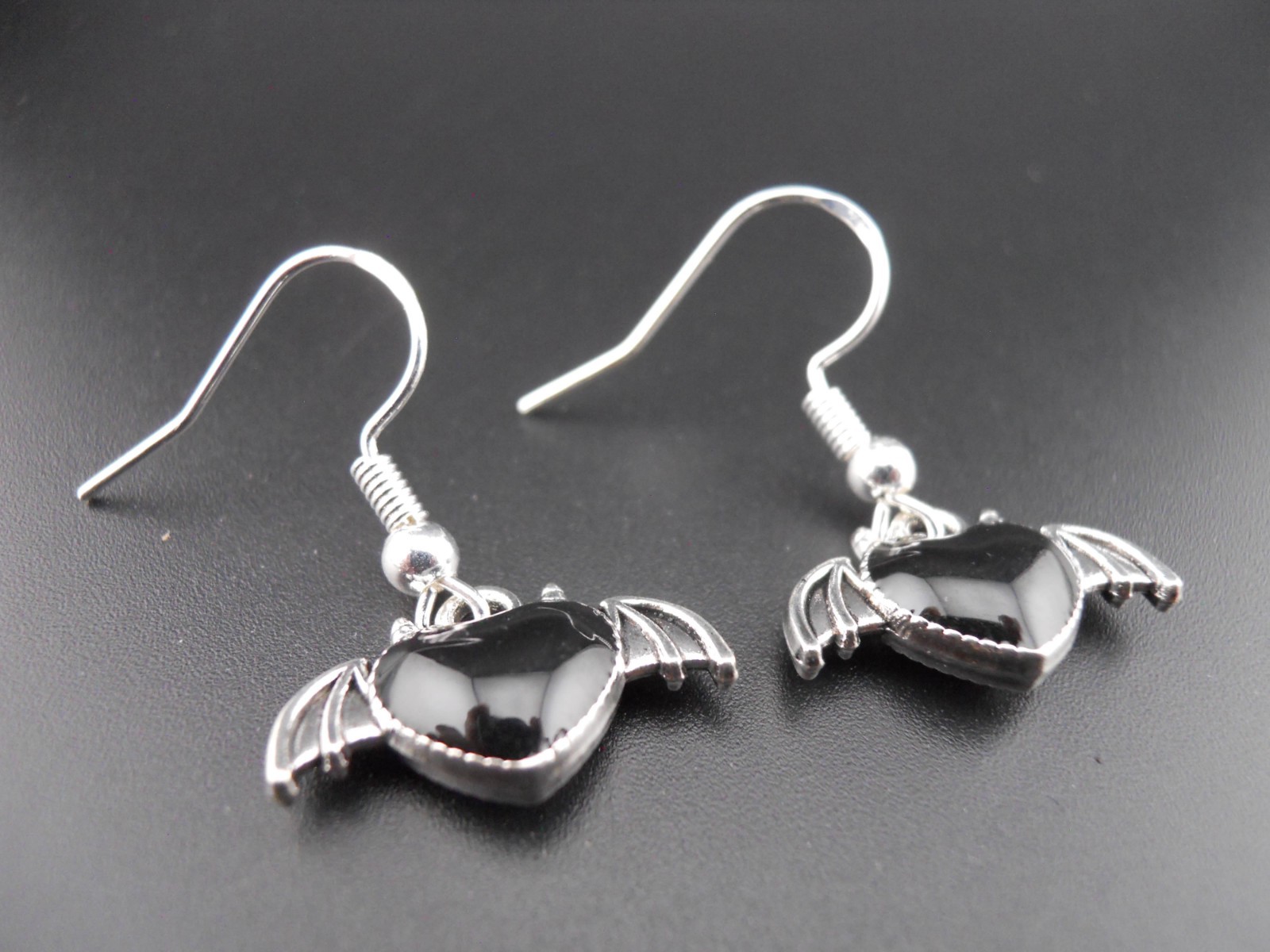 Gothic Bat Earrings Sterling Silver Ear Wires Devil Horns Black Heart Goth New