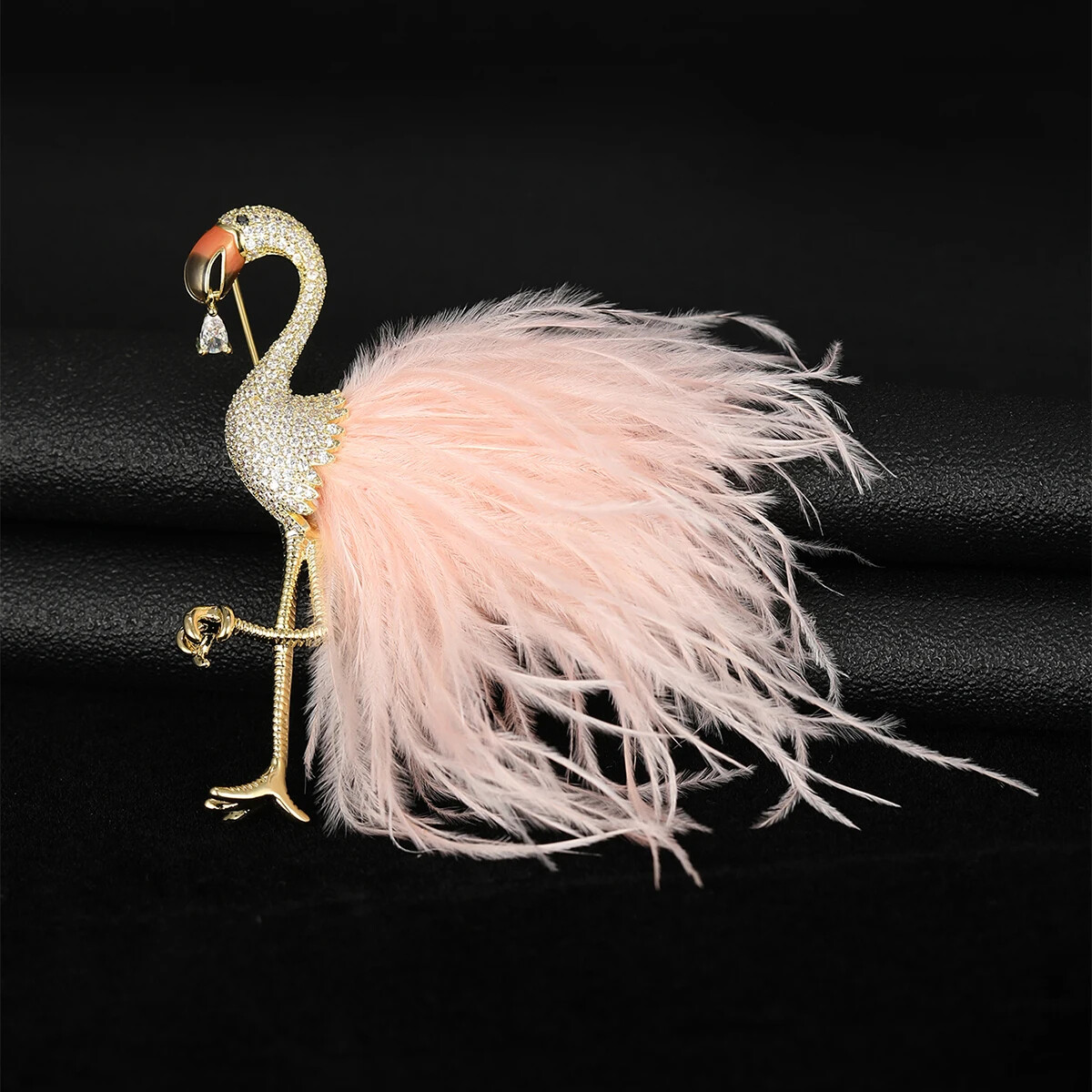 Luxurious 14k Gold Plated Copper Zircon Flamingo Brooches High-end Bird Hot Sale