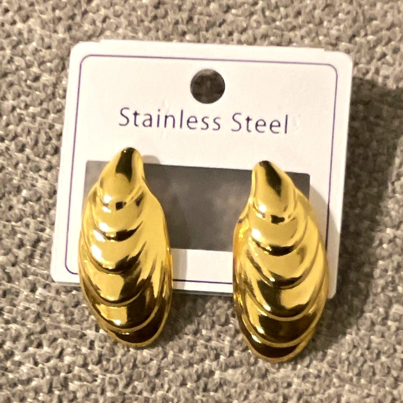 Gold Tone Stainless Steel Oval Stud Earrings, Butterfly Back, No Stone