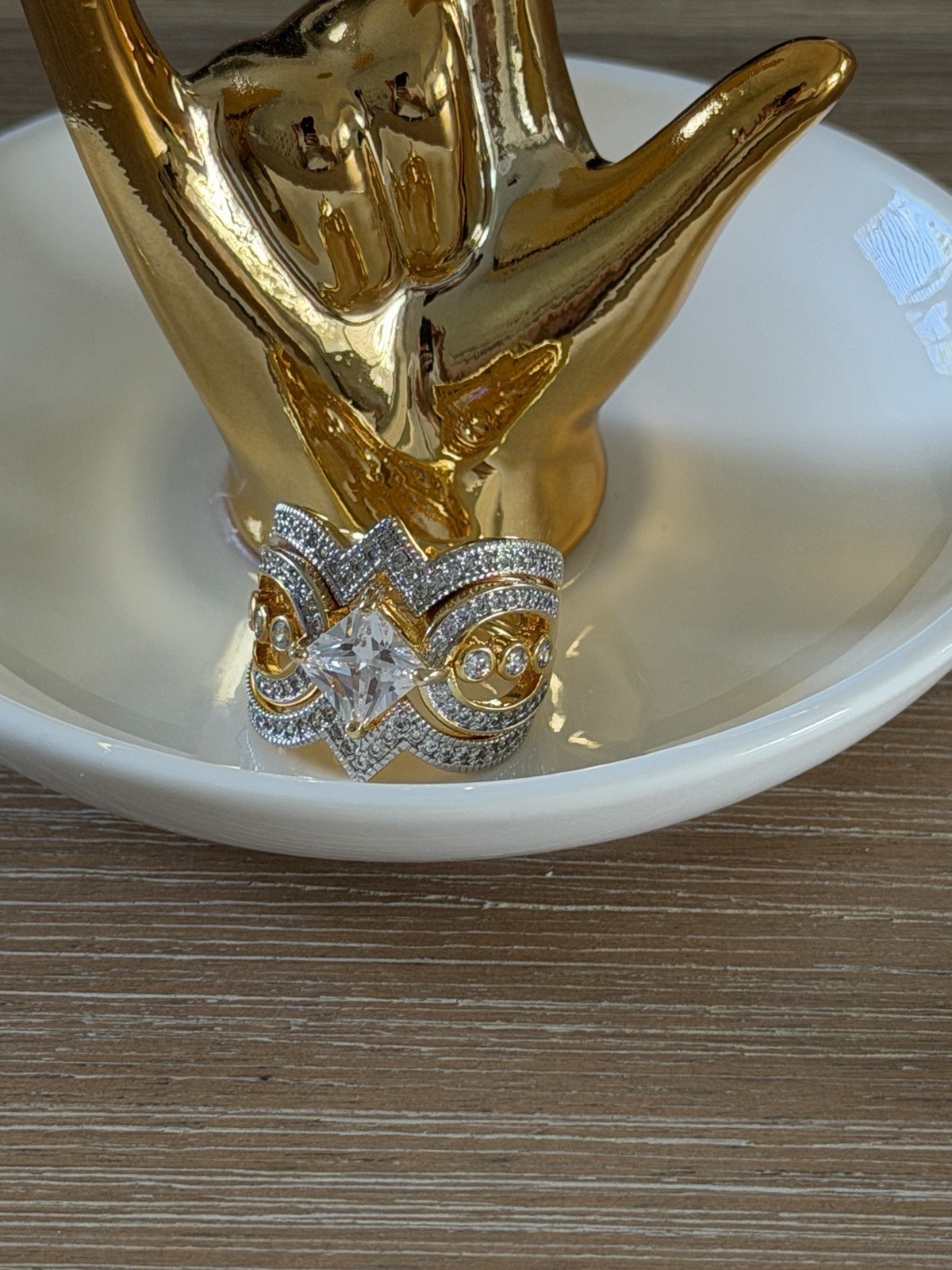 Two-Tone 14k Yellow Gold Plated Cocktail Ring Size 7 Princess Cut White CZ