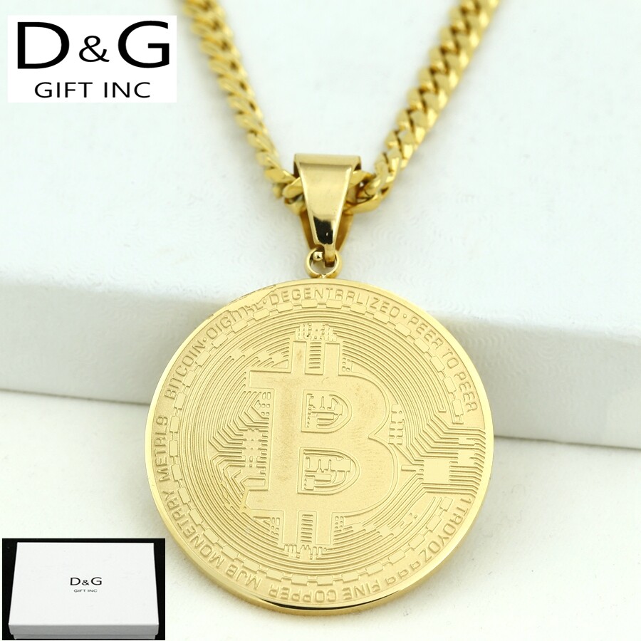 DG Men’s 24″Stainless Steel Bitcoin 35mm Circle Cuban Curb Chain Gold plated Box