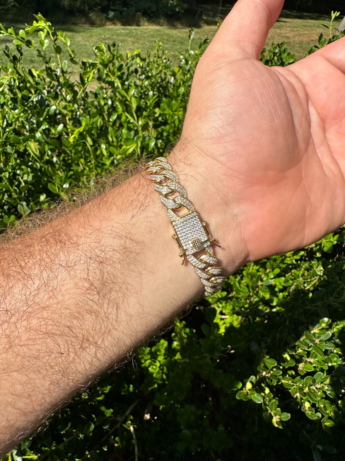 Mens Miami Cuban Link Bracelet Real Icy Solid 14k Gold Plated 925 Silver CZ 12mm