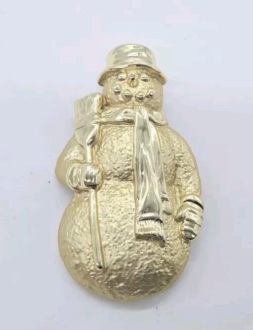 Snowman Brooch Christmas Pin GOLD tone textured 2.5 in signed A.J.C AJC