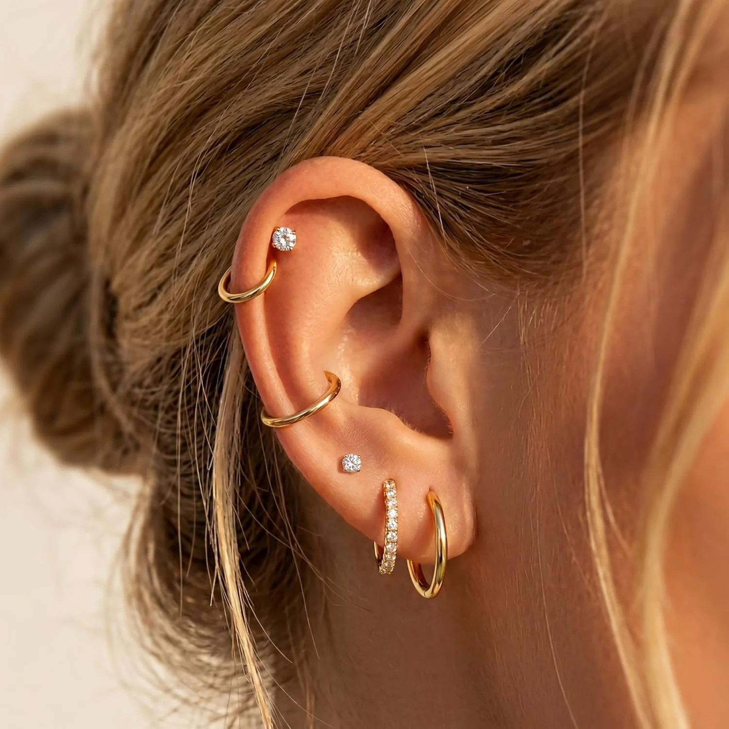 Small Gold Huggie Hoop Stud Earrings Set for Women Stack, Flat Back 316L Hypoall