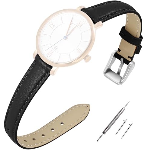 Top Grain Leather Watch Bands for women Leather Watch 12mm Black-Silver Buckle
