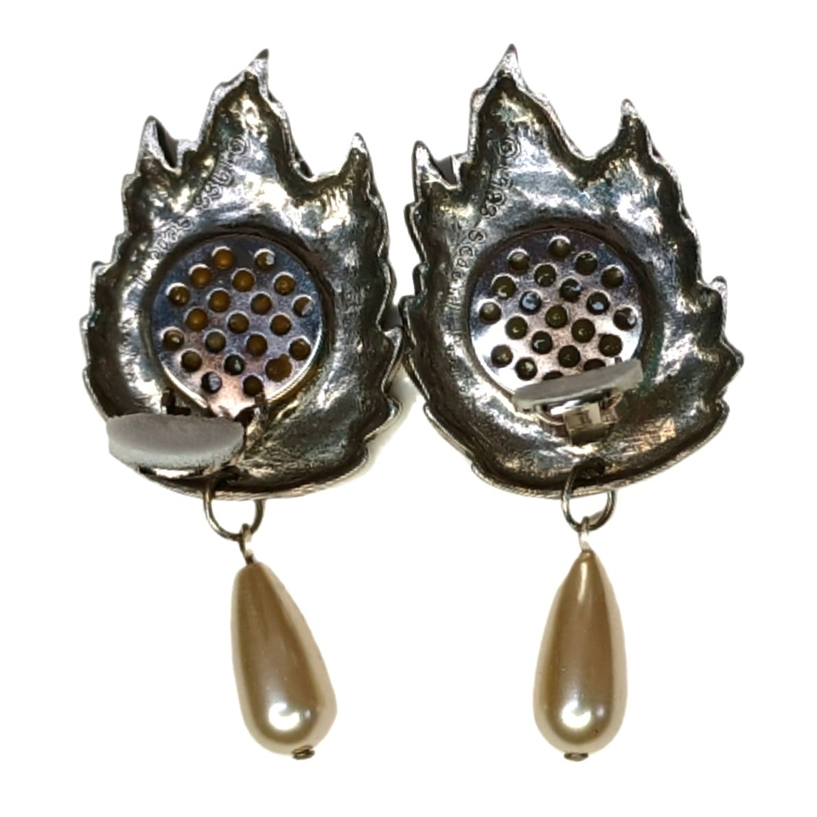 Vintage Seagull Pewter Leaf Earrings 1988 Signed Pearl Drop Dangle
