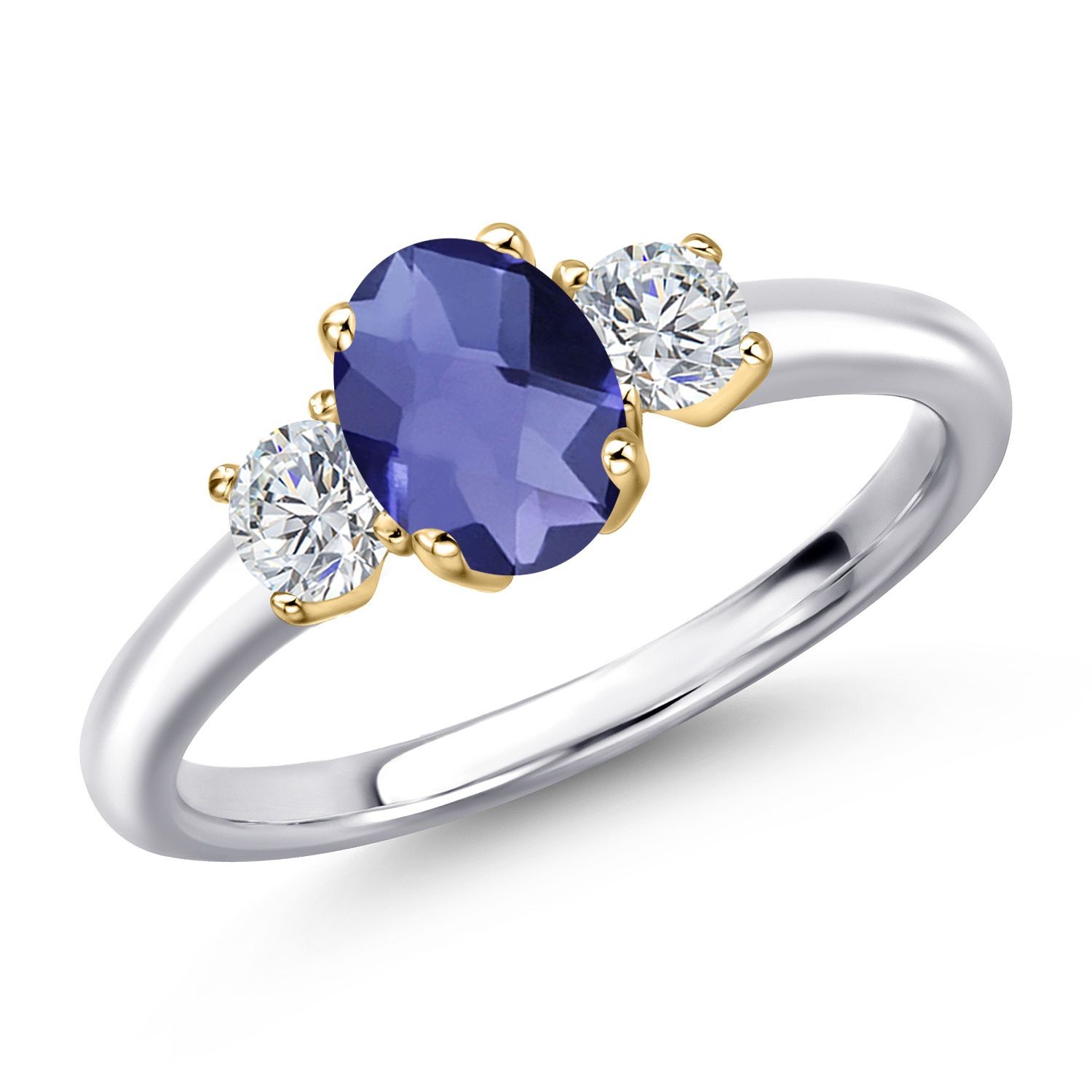 925 Silver and 10K Yellow Gold Blue Iolite and Lab Grown Diamond Engagement