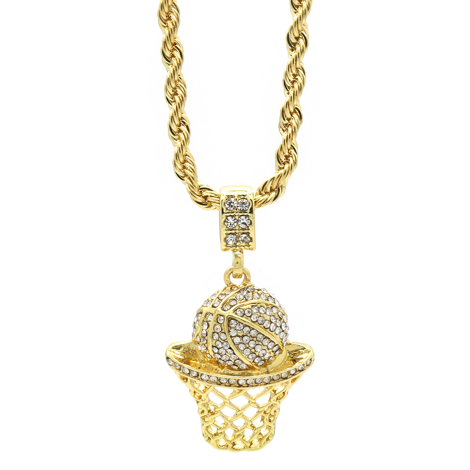 Mens 14k Gold Plated Hip Hop Basketball Cubic-Zirconia Pendant 24″ Rope Chain