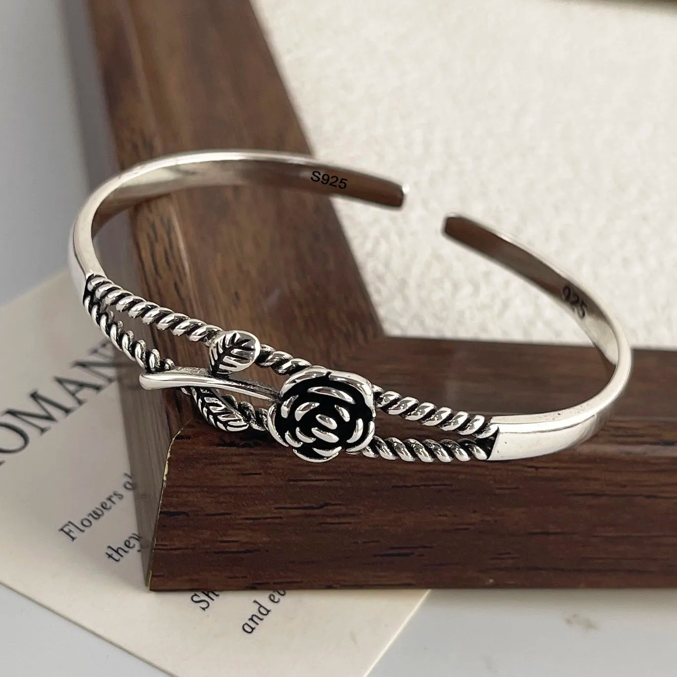 Women Cuff Bangle Vintage Flower Retro Rose Set Sterling Silver Jewelle Bracelet