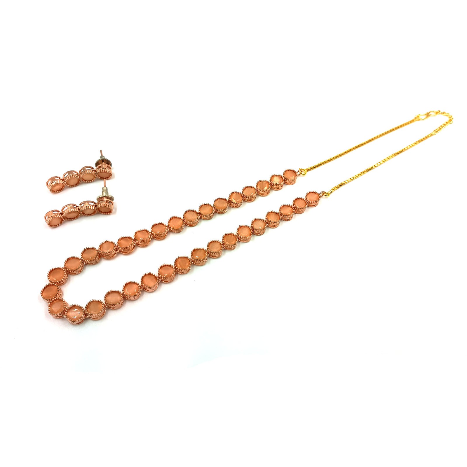 22K Gold Plated Peach Moonstone Bridal Necklace & Earrings Set India Jewelry