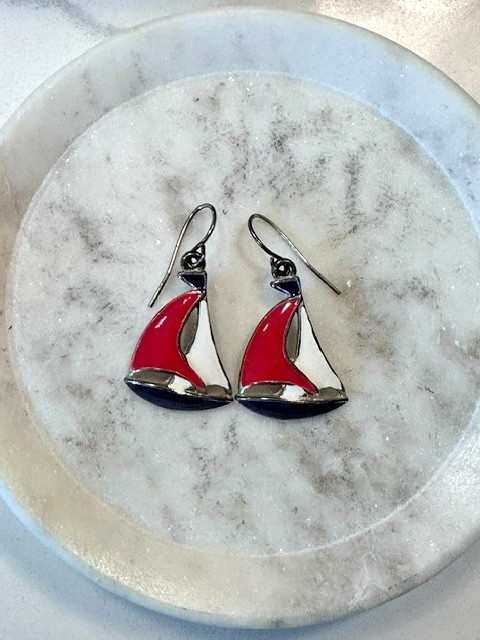 Sailboat Enamel Red White And Blue Dangle Earrings Estate Jewelry