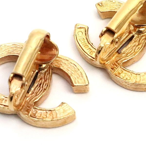 CHANEL CC Logo Coco Mark Earrings Gold Rhinestone Clip On No Box Vintage