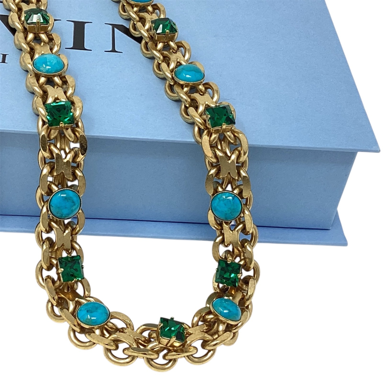 Lanvin Necklace 16″ Turquoise & Emerald Green Ribbon Statement Gold-Tone Short