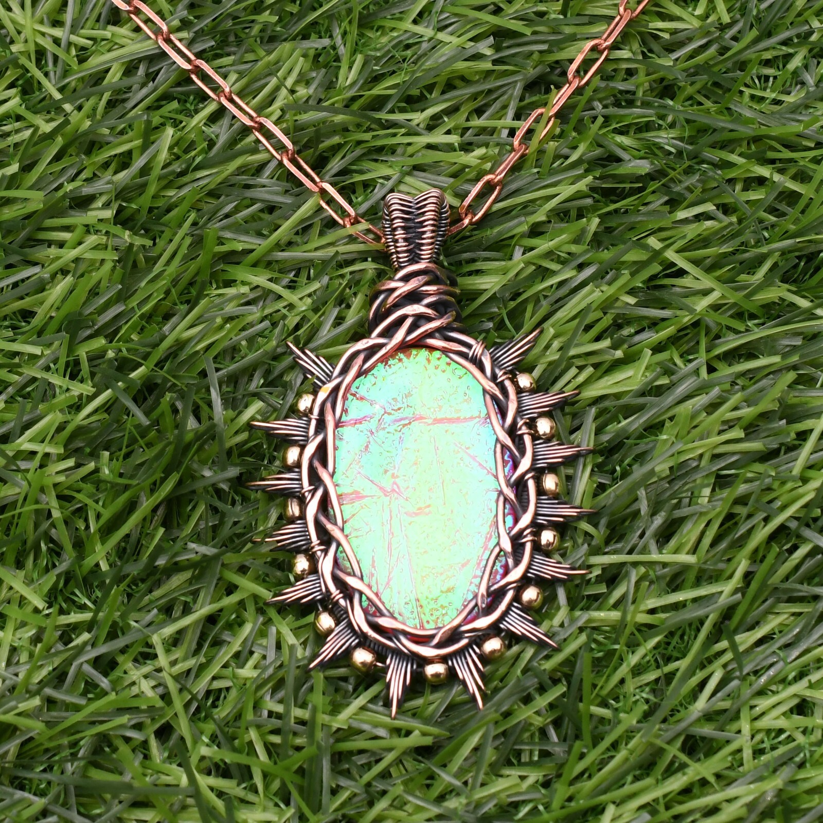 Triplet Fire Opal Gemstone Copper Wire Wrap Handmade Jewelry Pendant 2.28″