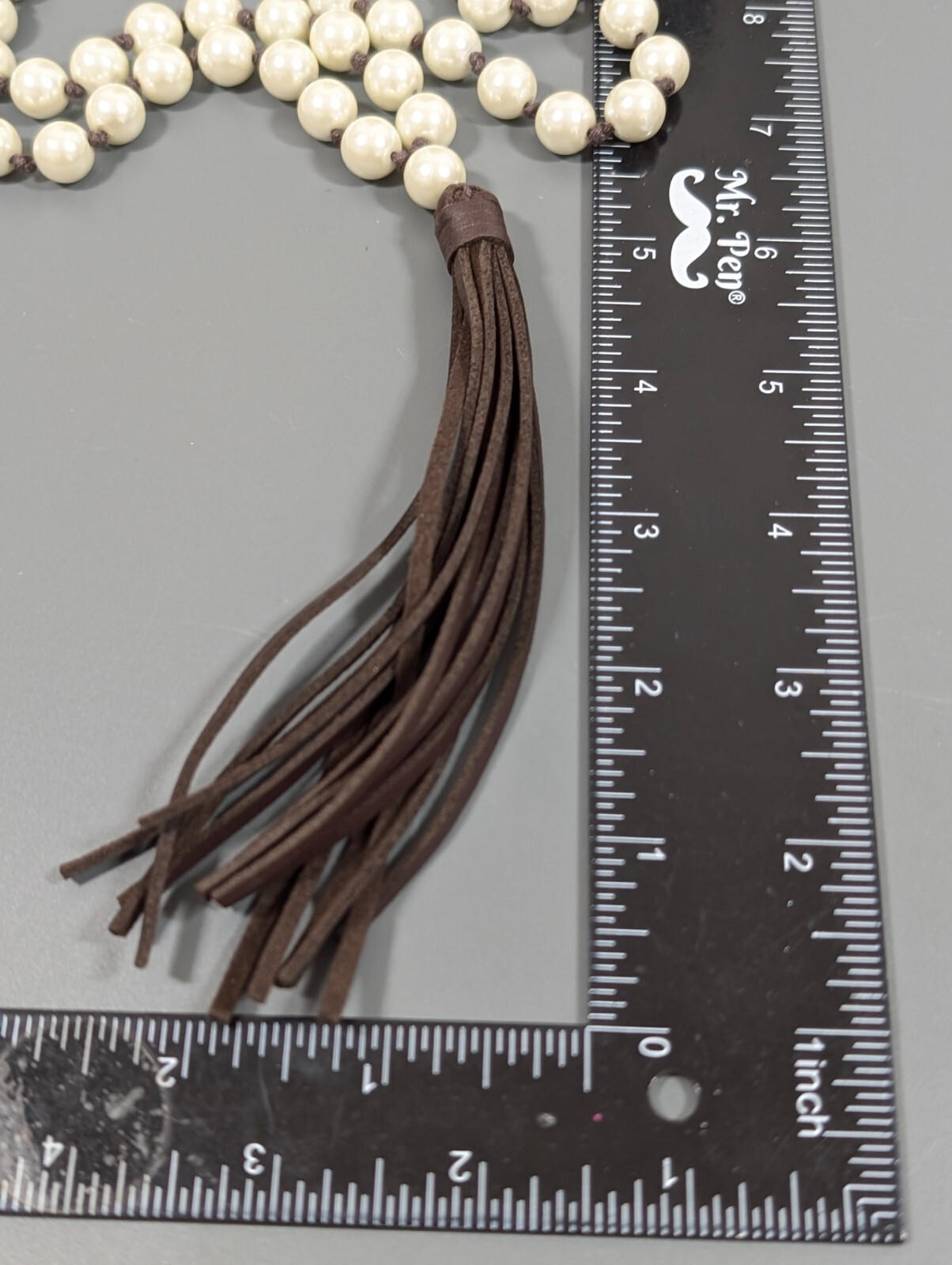 Retro Boho Ivory Color Glass Faux Pearl Brown Tassel Layering Necklace 33 in