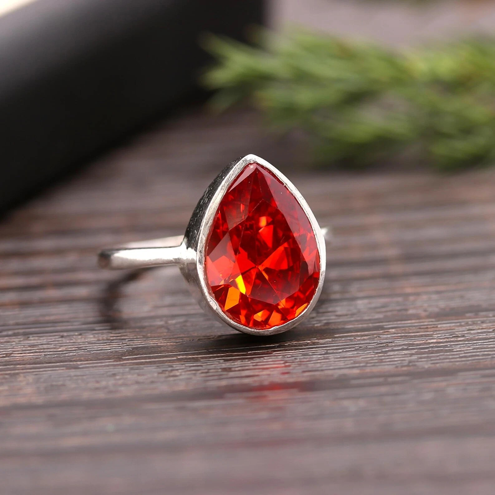 12 Ct Stone Pear Natural Certified Orange Sapphire Ring 925 Silver Ring Size 9