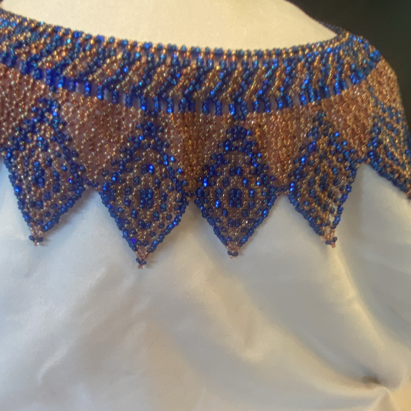 Vintage Blue & Brown Glass Beaded Geometric Bib Choker Necklace Adjustable 10in
