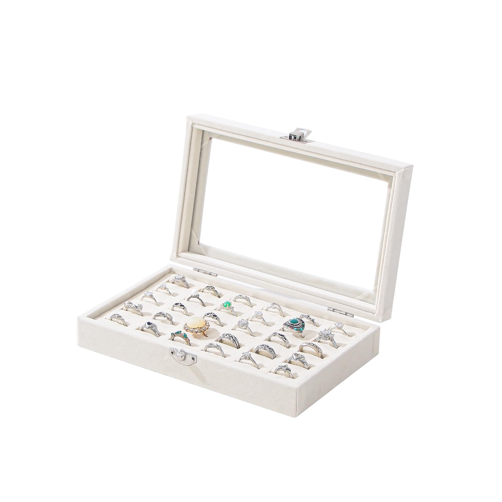 Julysky Rings Organizer Tray, Velvet Jewelry Ring Storage Box 30 Slots, Beige
