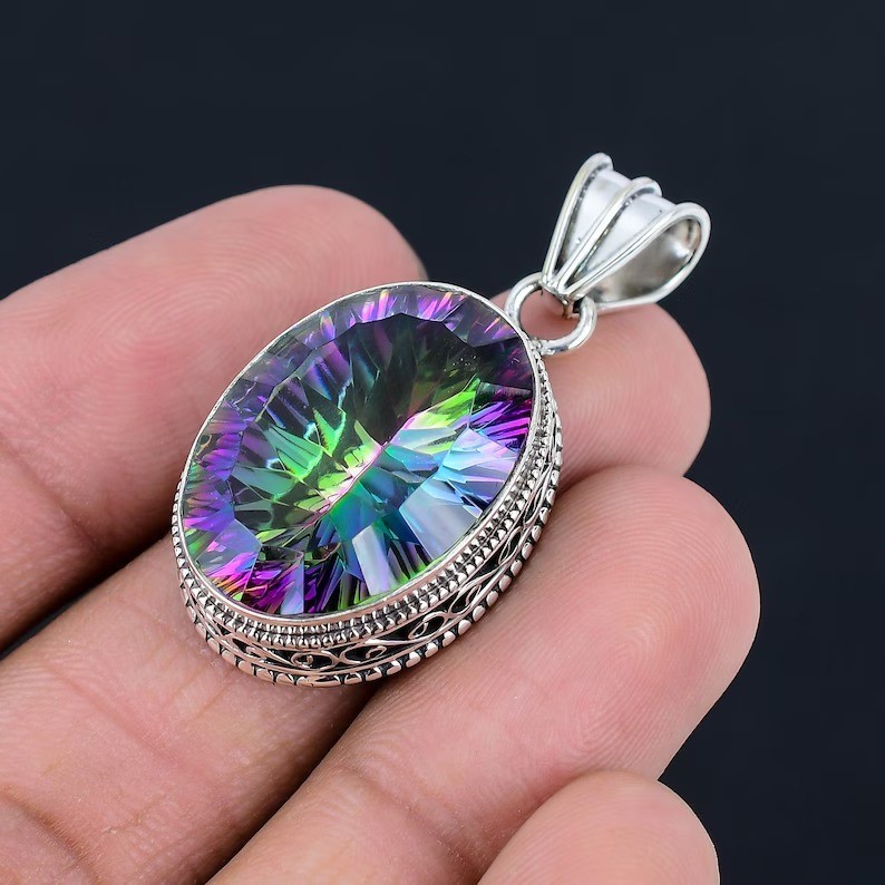 Rainbow Mystic Topaz Gemstone Pendant 925 Sterling Silver Handmade Jewelry