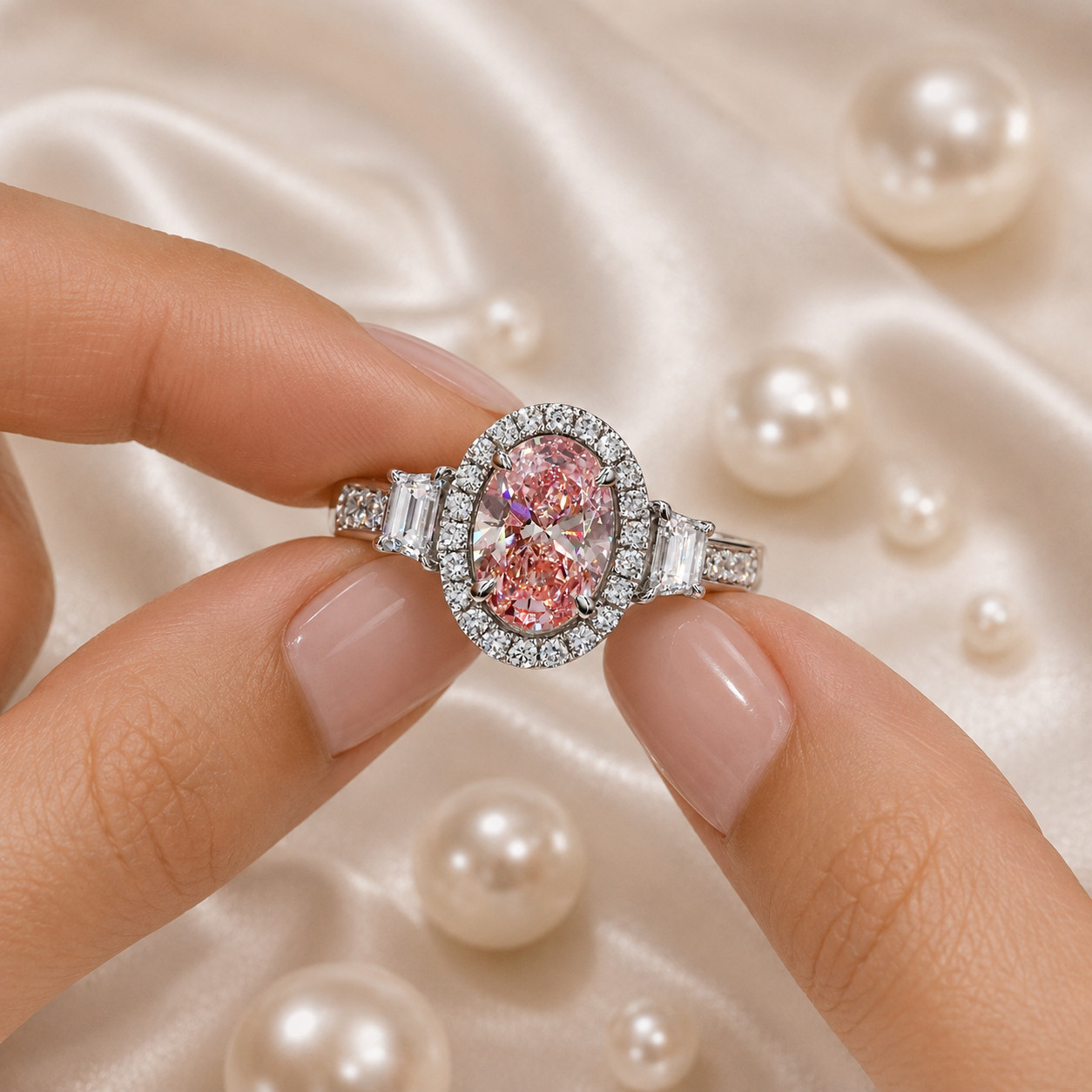 Fancy Vivid Pink Diamond Ring IGI Lab Created 5.00 Carat Oval Cut 18k White Gold
