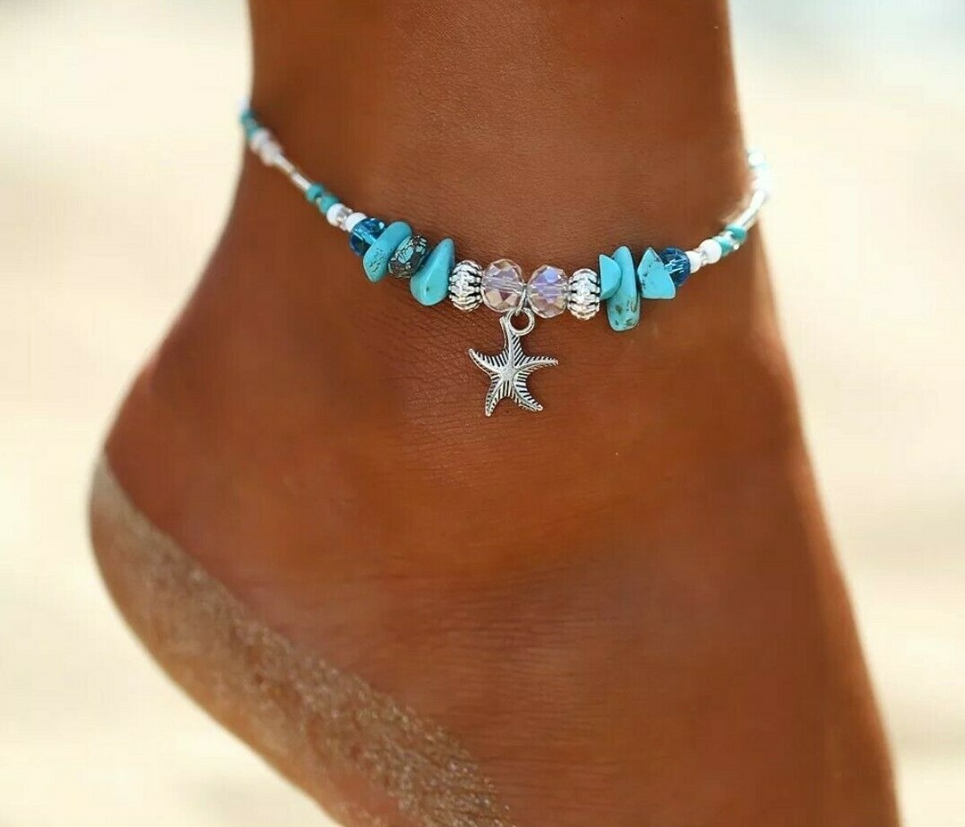 Womens Beach Ankle Jewelry Starfish Stone Anklet Silver Color Chain 22-9