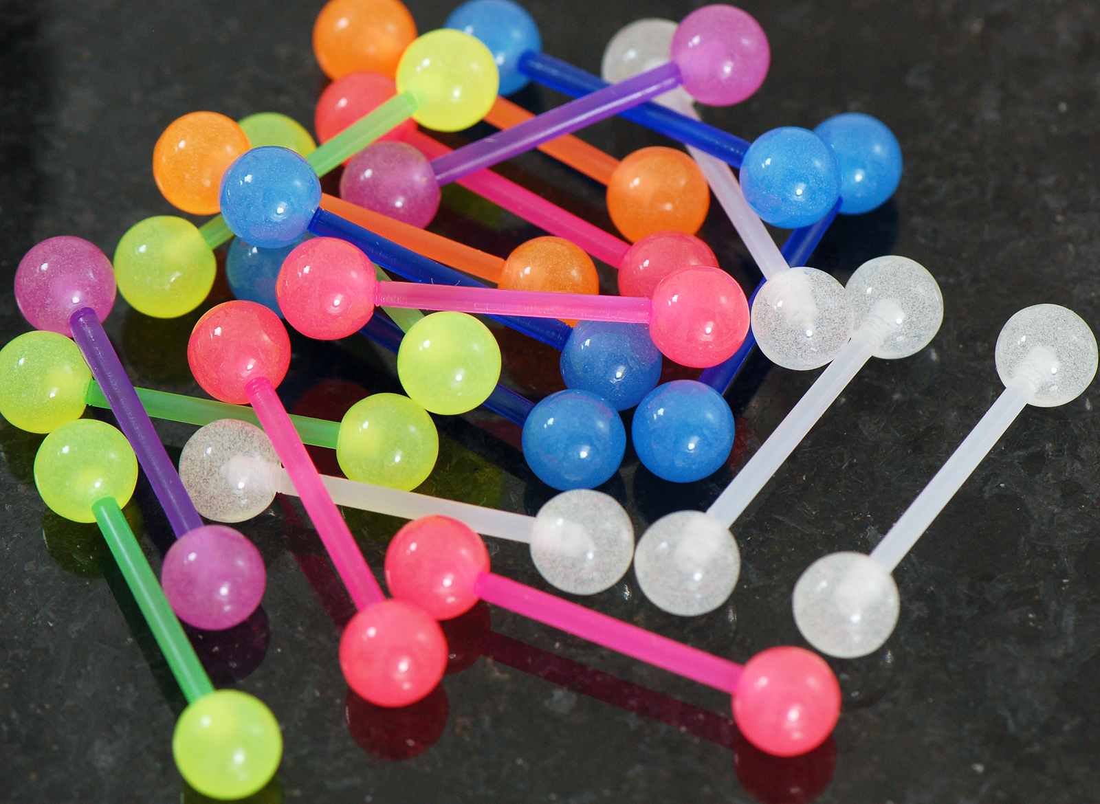 20Pc Mix Glow In The Dark + Glitter Bio-Flexible Tongue Barbells, Nipple Rings