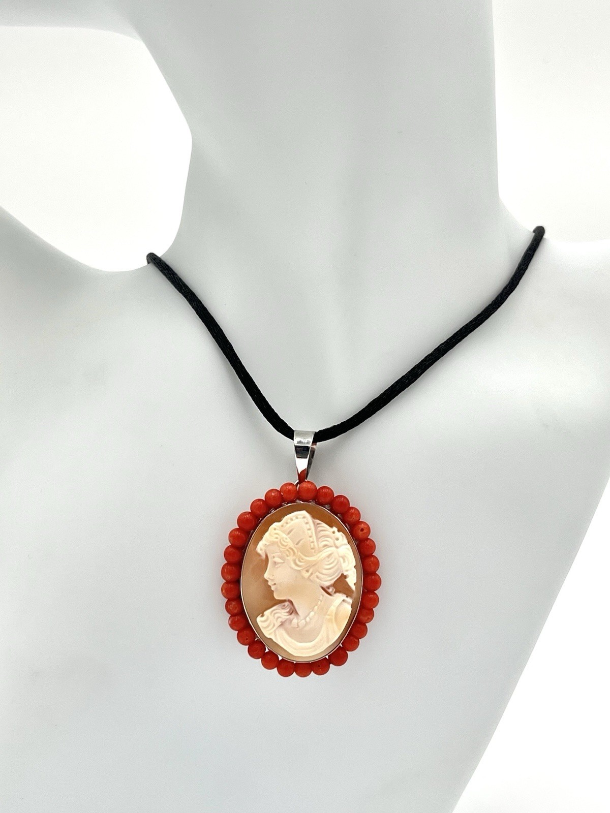 Cameo Corniola Shell Pendant 30mm Silver 925 Red Coral Handmade