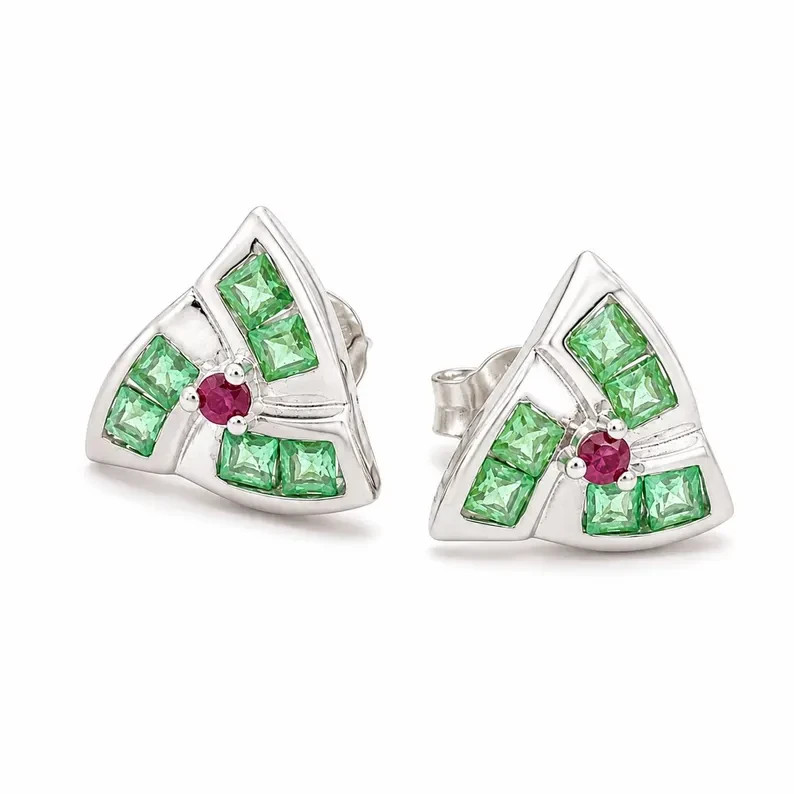 Natural Emerald & Ruby Stud Earrings 925 Silver Geometric May Birthstone Gift