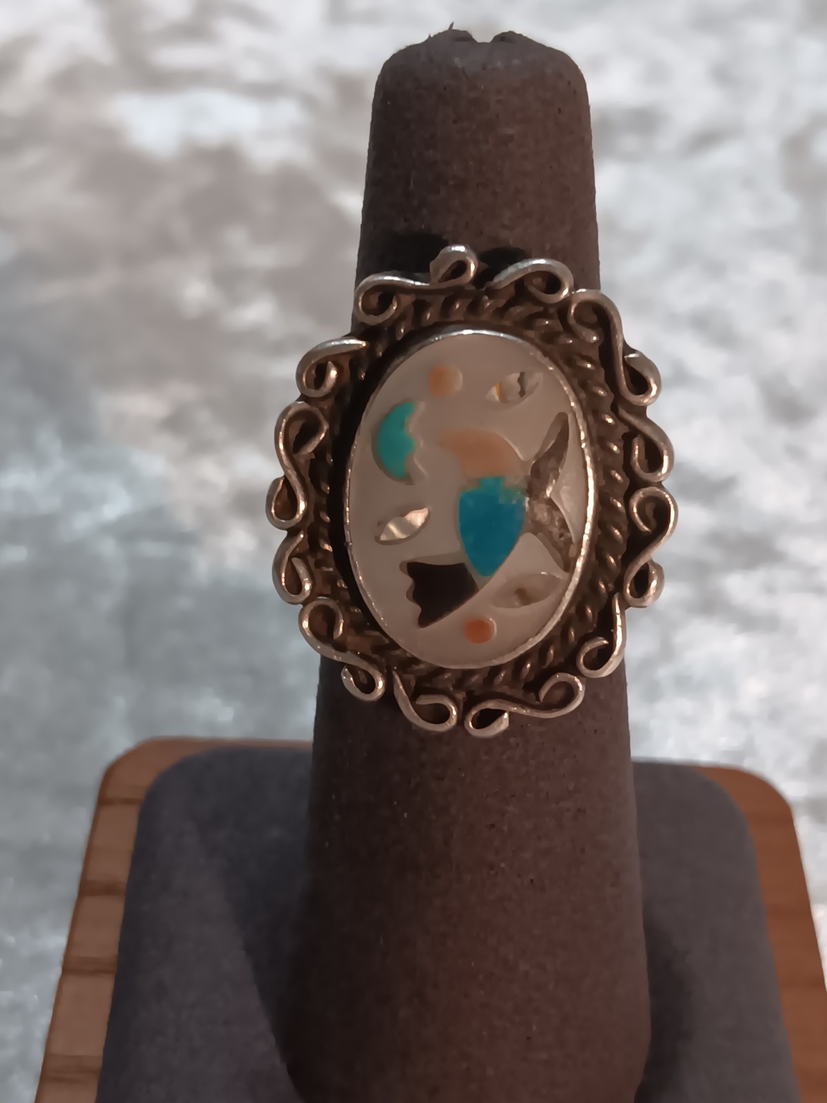 Vint. Zuni Sterling Blue Bird Inlay Mop, Coral, Turquoise, Onyx Ring Signed L