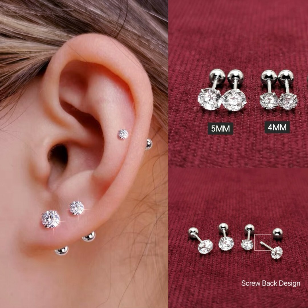 Surgical Stainless Steel Round CZ Earrings Screw Back Ear Studs Men Women 2-6mm