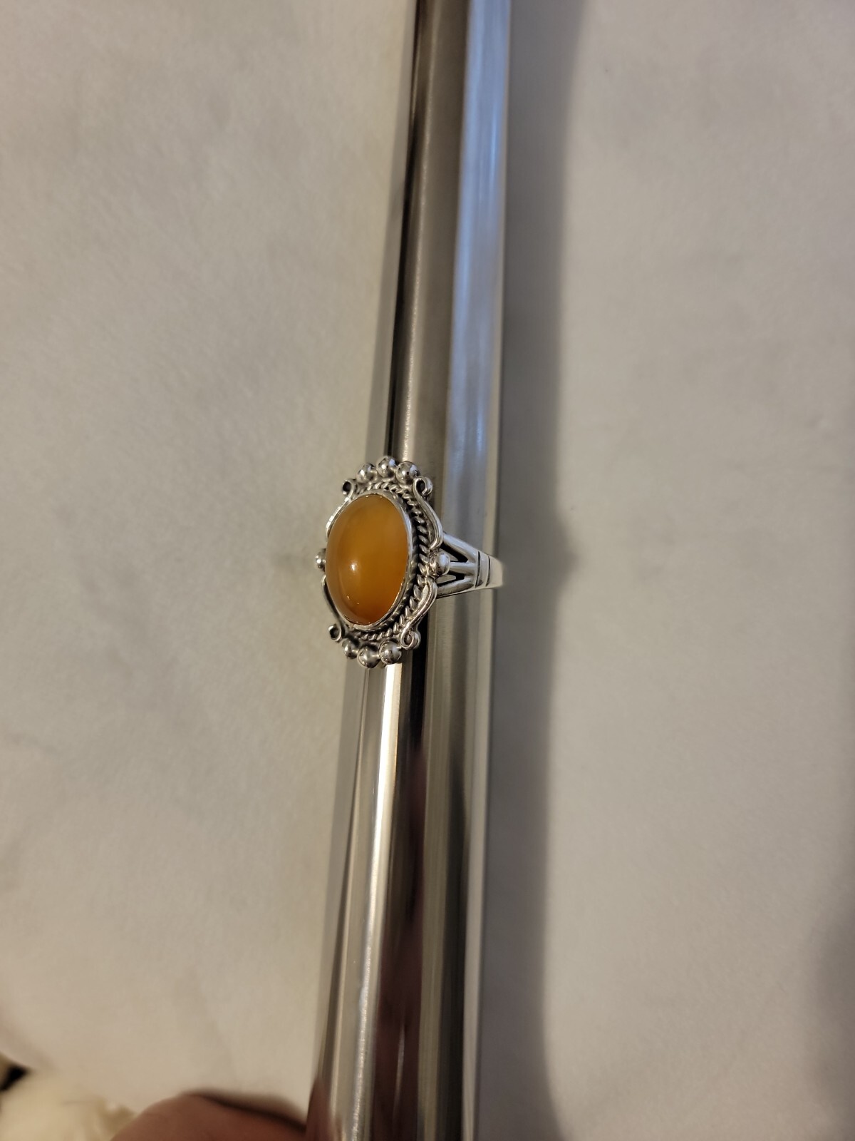 Amber Egg Yolk Chalcedony Ring Sterling Size 8.25 Ornate Design