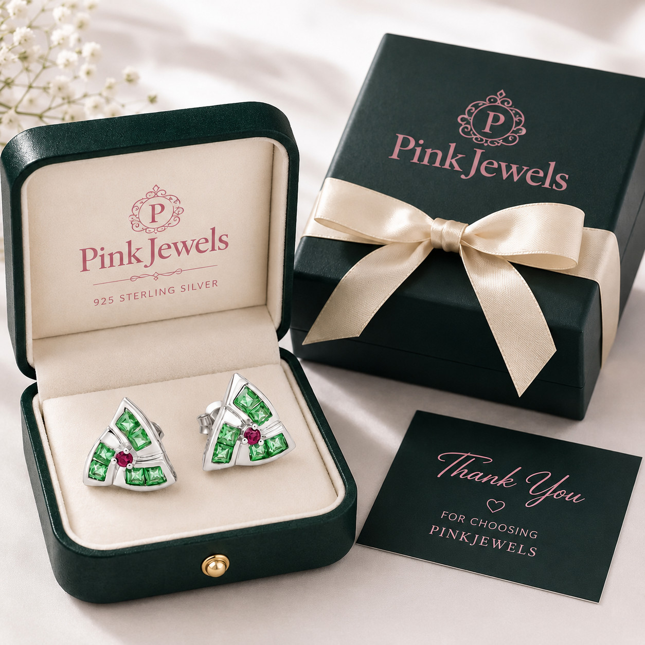 Natural Emerald & Ruby Stud Earrings 925 Silver Geometric May Birthstone Gift