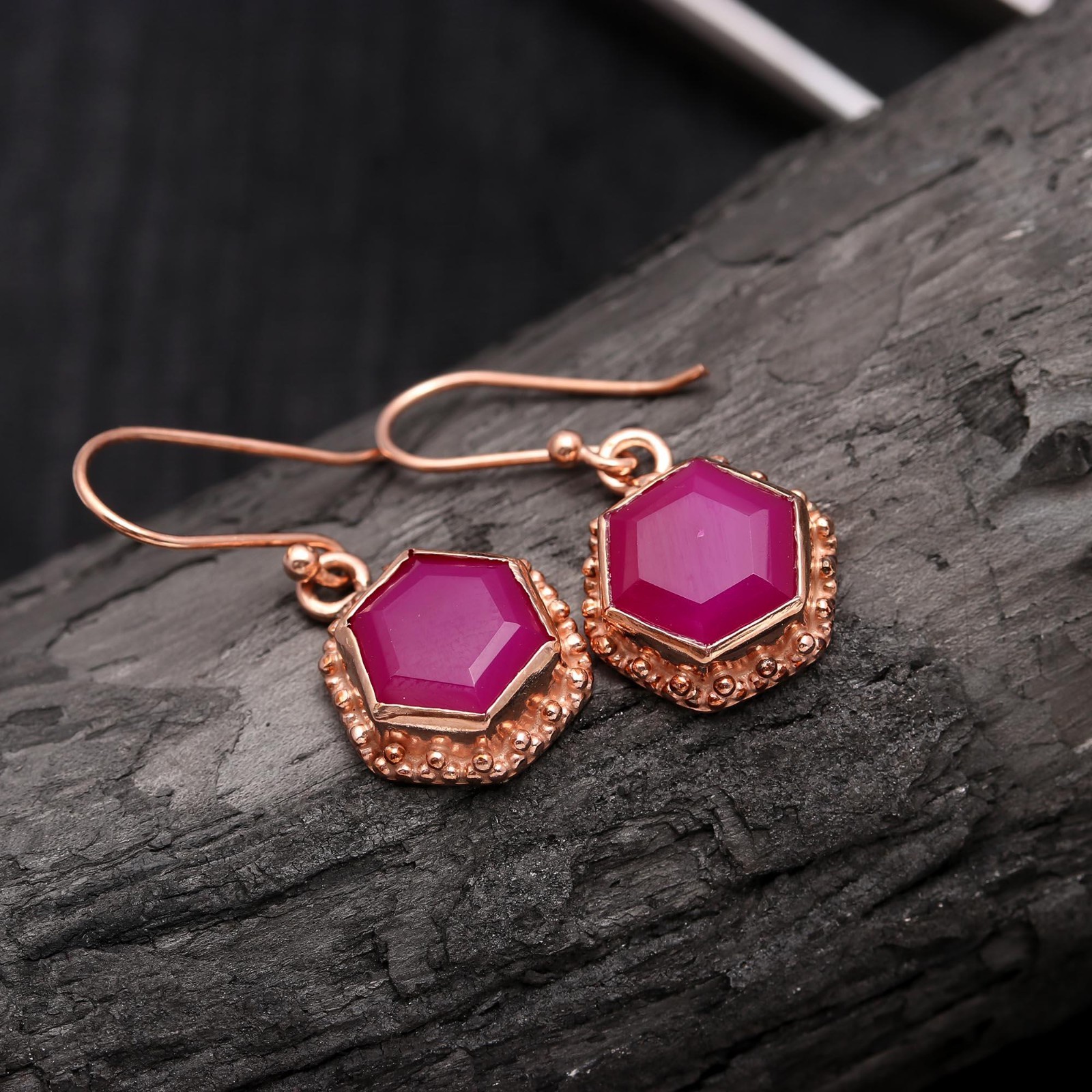 Natural Pink Chalcedony Hexagon Earrings Rose Gold Plated Solid Silver Jewelry