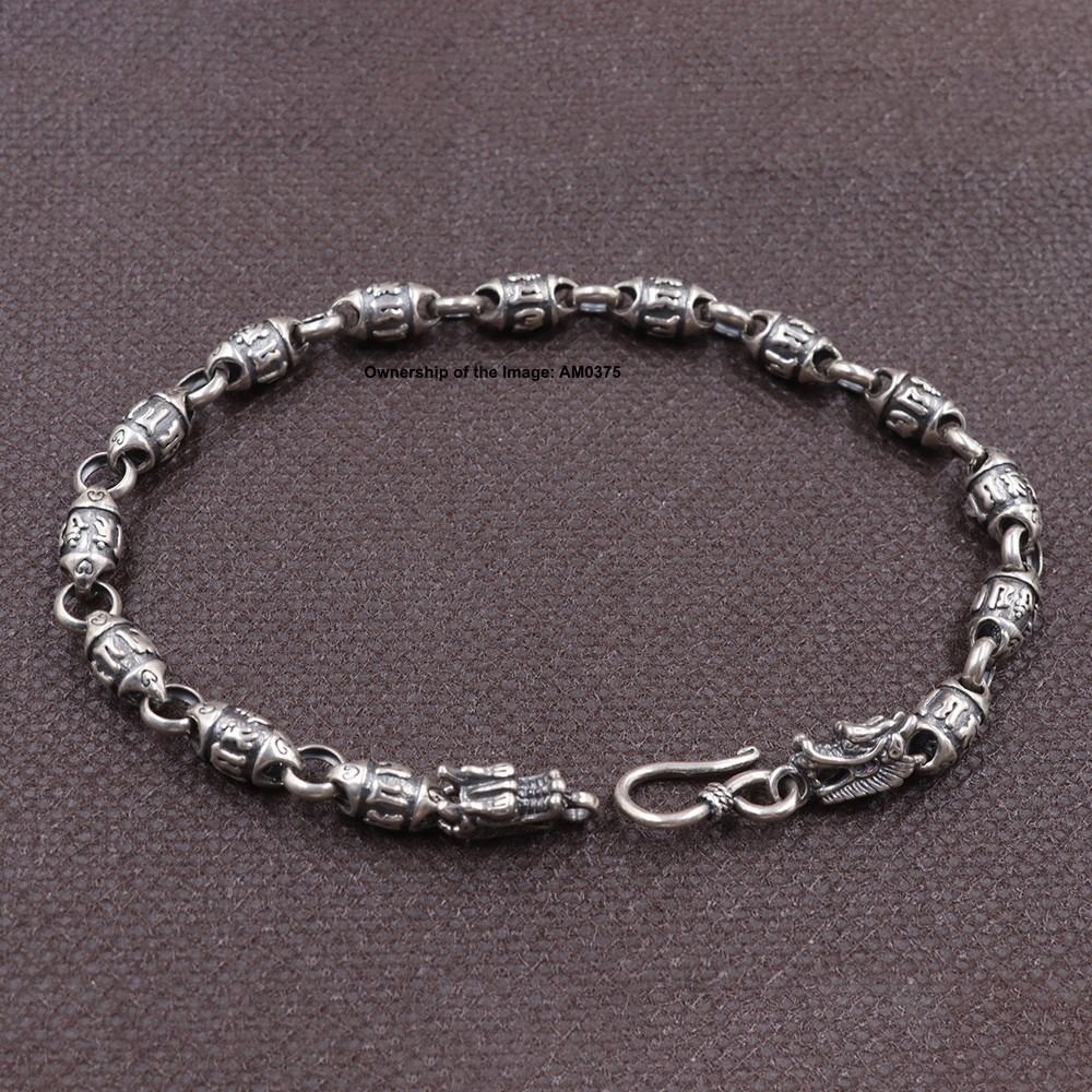 Solid 925 Sterling Silver Six-word Mantra Oval Bead Link Bracelet Jewelry Gift