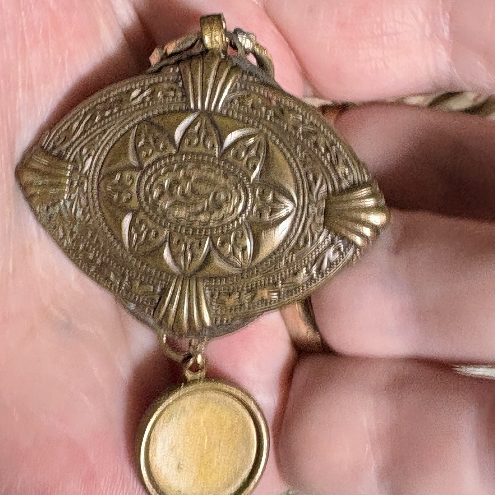Antique Victorian Onyx Brass Tigers Eye Agate Pendant No Chain 4 Inches