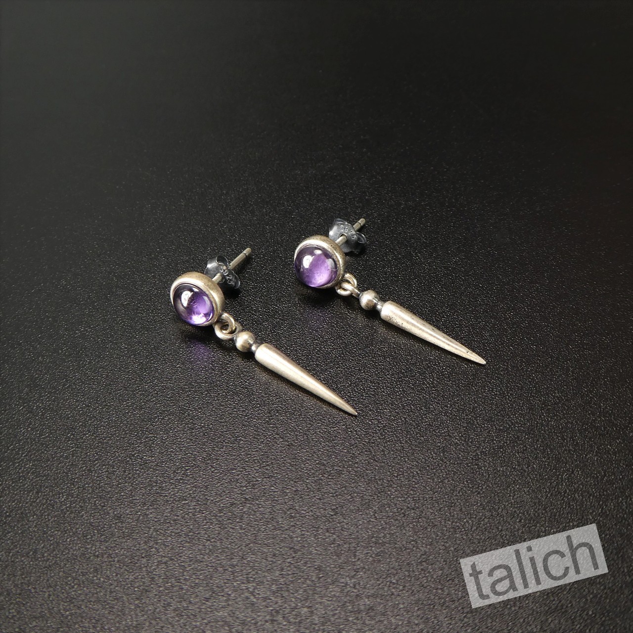 925 Sterling Silver Small Amethyst Stud Earrings with Spike Drop Minimal Unique