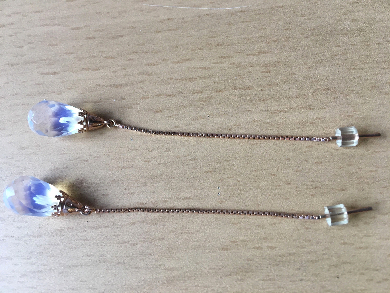 14K PINK ROSE GOLD MOONSTONE THREADER PULL THROUGH CHAIN DANGLE DROP EARRINGS
