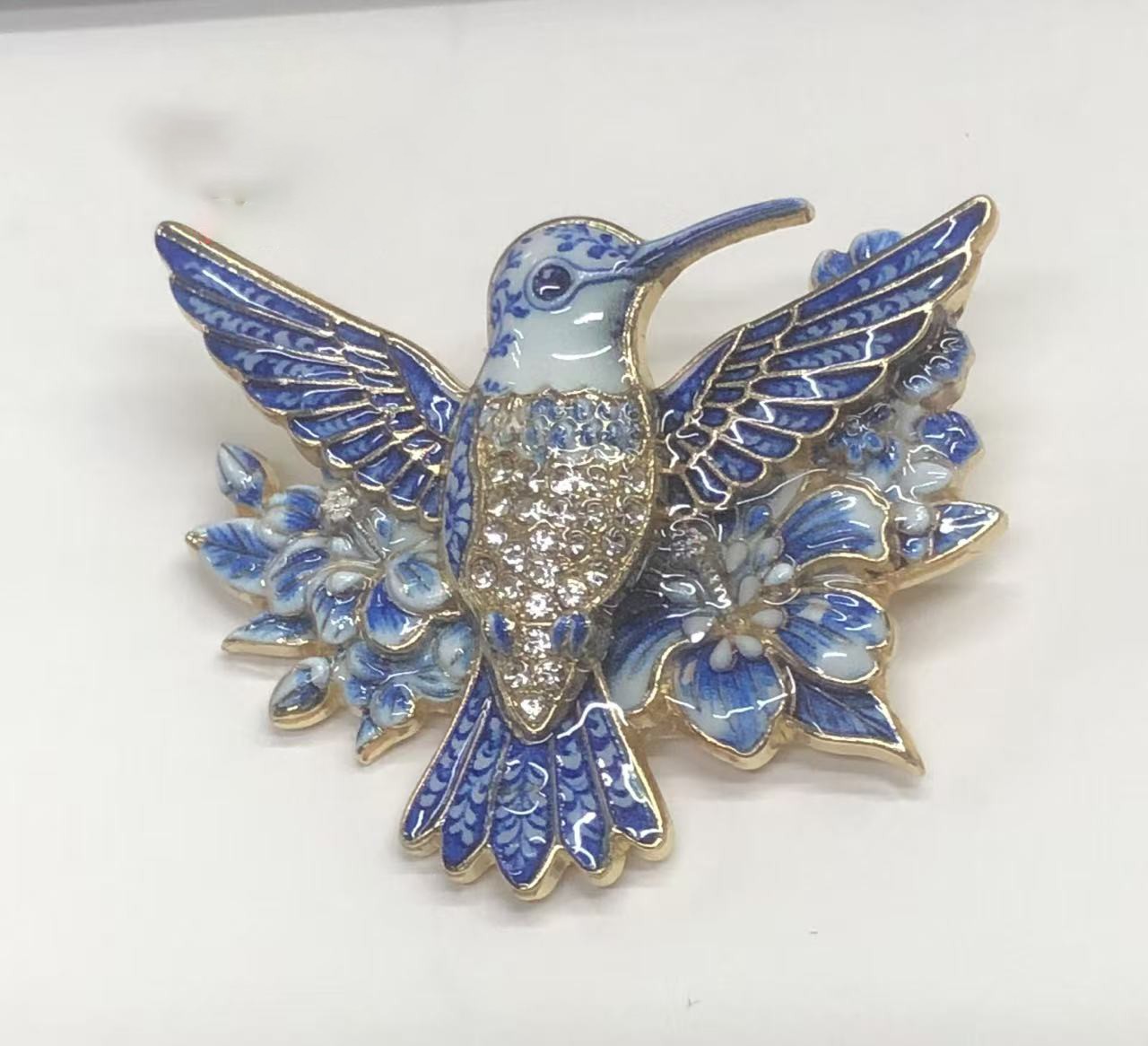 Blue Floral Crystal Hummingbird Brooch