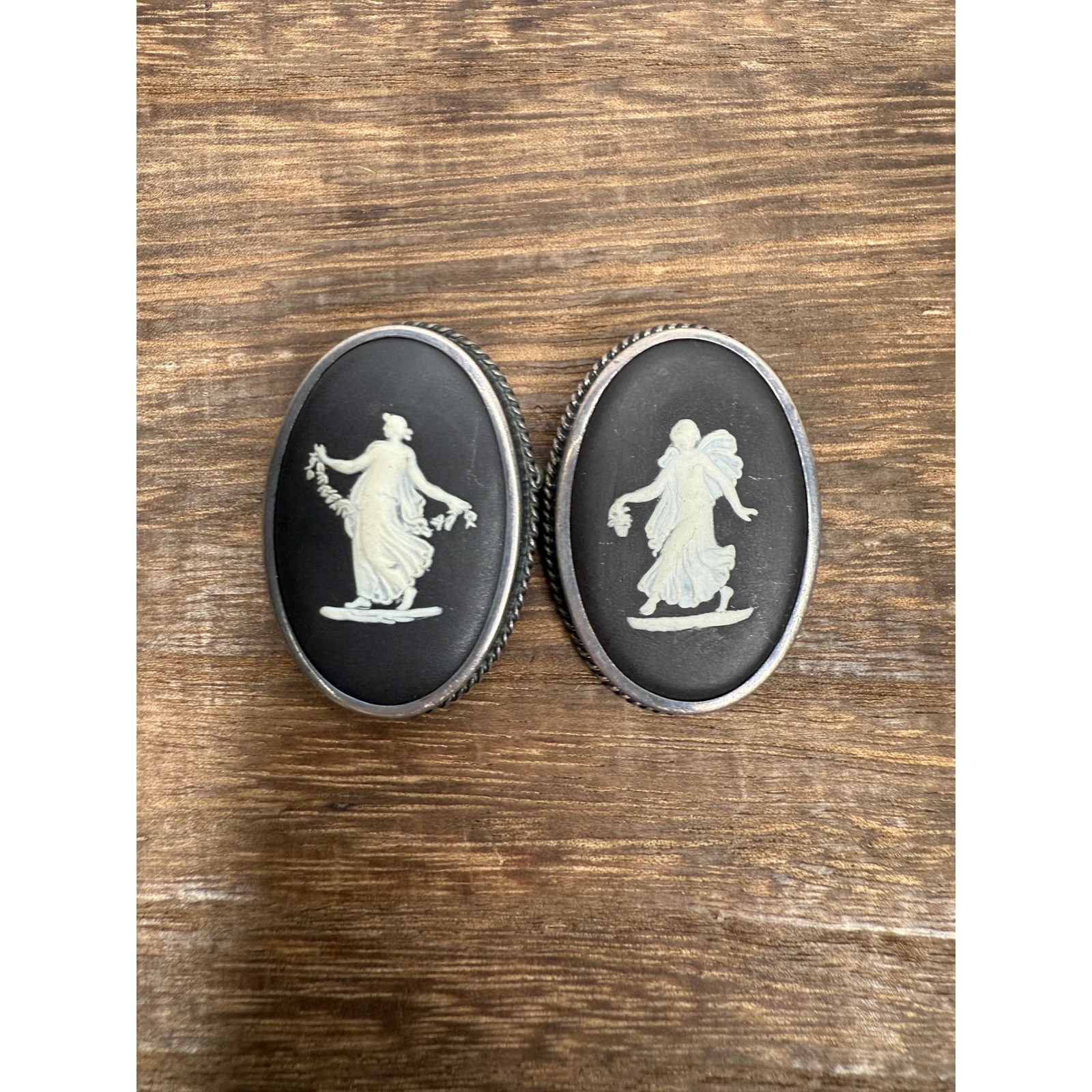Pair Vintage Wedgwood Jasperware Cameo Pins Oval Black White Classical Silver